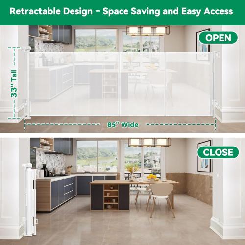 Reinforced 85 Inch Wide Retractable Dog Gate Extra Long Baby Gate with Support Rods – Prevent Crawling Under, Indoor Extra Wide Retractable Baby Gate Retractable Gate Outdoor Gates for Decks, White