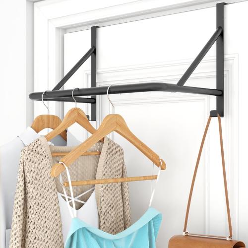 Over The Door Clothes Hanger Rod, Metal Over The Door Hanger for Coat, Clothes Drying Rack for Door for Laundry, Bedroom, Washroom, Fits Door Up to 1.97, Black