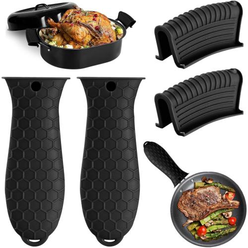 4 PCS Silicone Hot Handle Holder Cover Cast Iron Handle Cover Silicone Pot Holders Heat Resistant Assist Pan Handle Sleeve Non-Slip Pot Handle Covers for Cast Iron Skillet Metal Pan(Black)
