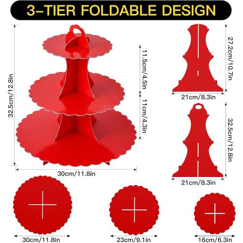 Soleebee 3-Tier Cupcake Stand, Cardboard Cupcake Tower, Dessert Cup Cake Stand Tower for Birthday Wedding Party Decoration, Cupcake Tier Stand 2 Set (Red)