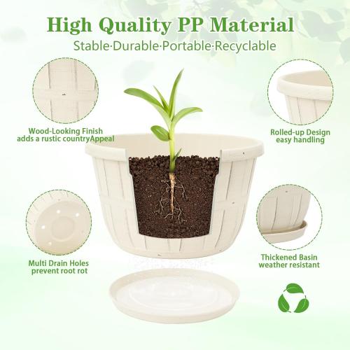 Quarut 10 inch Plastic Flower Pots for Indoor Plants,4 Pack Large Outdoor Planter Pot with Drainage Holes & Saucers,Imitation Wine Barrel Design,for Indoor Outdoor Garden Plants(White)