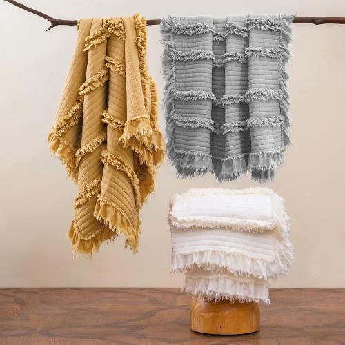 Ultra Soft Pre-Washed Quilted Boho Cream Queen Size Blankets for Bed, Ruffle Fringed Decorative Throw, Stone Washed Chic Rustic Blanket for Sofa Couch Bed, 90*90
