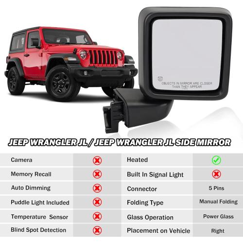 RH Side Mirror for 2018-2023 Jeep Wrangler JL/2020-2023 Gladiator JT 5Pins