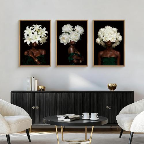 HPINUB Black Woman Framed Canvas Prints Wall Art Set, Abstract White Hydrangea Wall Decor, Vintage African American Girl Art Photos for Living Room, Bedroom, Dining Room, Office, Bathroom - 16x24x3