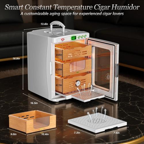 Cigar Humidor Cabinet, 25L Electric Thermostatic LED Cigar Humidor for 160-200 Cigars, Cedar Wood Shelves, Hygrometer & Humidifying Tray, Glass Door, ABS Moisture proof Shell, Cigar Care Partner
