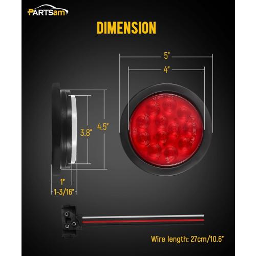Partsam 6Pcs 4 Inch Round LED Trailer Tail Lights Kit - Round Led Stop Turn Tail Back-up Reverse Fog Lights 12 LED Include Lights Grommet 3-Prong Wire Pigtails for Truck Trailer RV(4 Red   2 White)
