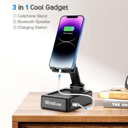 TechGlow Foldable Cellphone Stand with Bluetooth Speaker and Charging Function Birthday Gifts for Men Women Mother Father Boy Girl Teens Cool Tech Gadgets