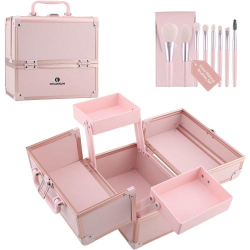 Makeup Train Case 2 Trays Makeup Box Organizer Portable Travel Makeup Case Lockable Makeup Storage Organizer Cosmetic Box for Jewelry Nail Tech Brushes Accessories Tool, Pink Pro