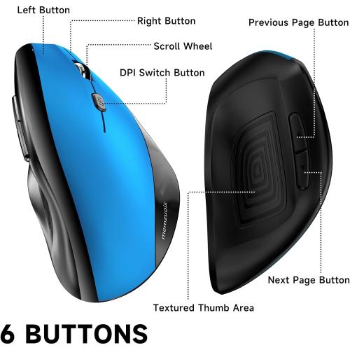 memzuoix Ergonomic Mouse Wireless,2.4G Optical Cordless Mice with 800/1200/1600 DPI,Vertical Computer Wireless Mouse for Laptop, Mac,PC,Desktop (for Right Hand, Large),Blue