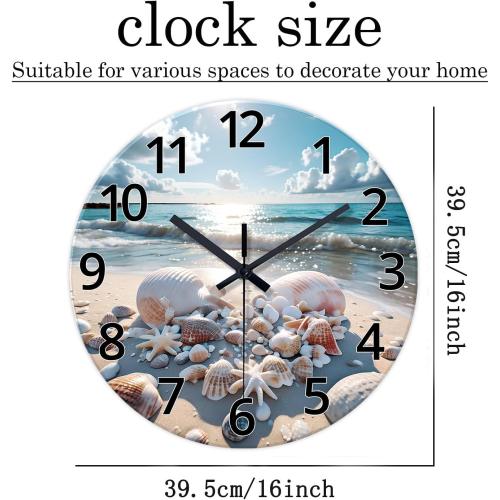 XNM 16 Inch Large Wall Clocks Battery Operated Coastal Shell Glass Clocks for Living Room Decor Blue Silent Wall Clock No Ticking