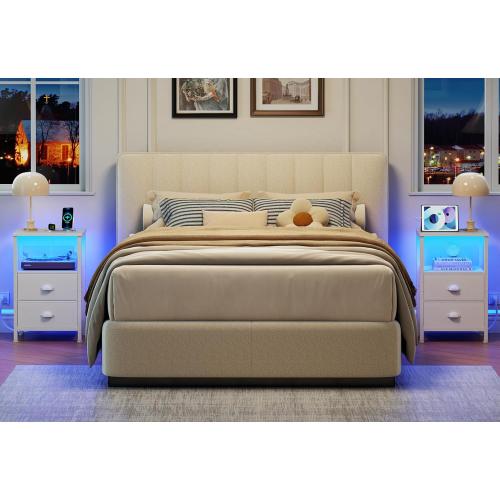Furologee LED Night Stand with Charging Station, White Nightstand with Fabric Drawers, Bedside Table with Storage Shelf, End Table for Living Room/Bedroom/Dorm