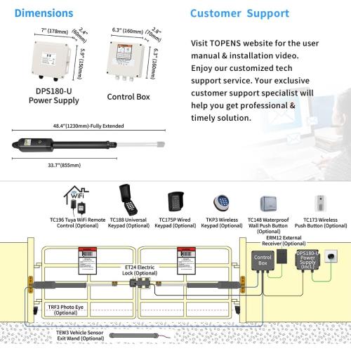 TOPENS PW302 Dual Swing Gate Opener Light Duty Automatic Gate Motor for Double Swing Gates Up to 12ft per Arm, Electric Driveway Gate Operator AC Powered with Remote Control Kit Solar Compatible