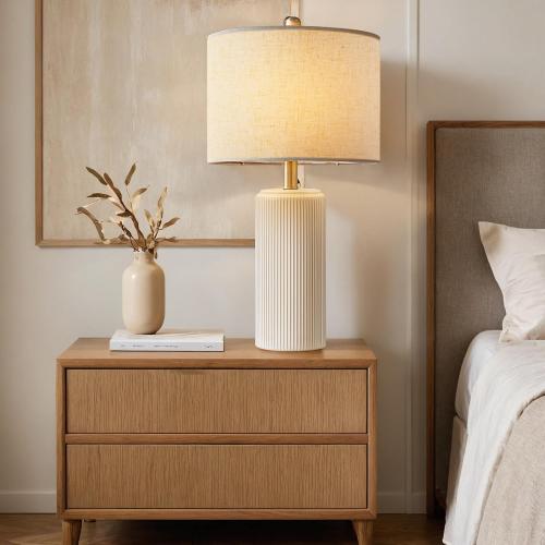 Ceramic Table Lamp Set of 2, 23 Inch 3-Level Dimmable Bedside Lamps with Linen Shade, Farmhouse Nightstand Lamps for Bedroom Living Room, Rustic White Desk Lamp, LED Bulb Included