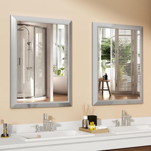 SMIROR Brushed Silver Bathroom Mirror for Over Sink, 36”x 30” Metal Thick Framed Rectangle Vanity Mirror for Wall, Right Angle Corner, Anti-Rust, Horizontally or Vertically Mounted