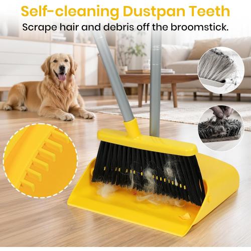 Stand Up Dustpan and Broom Set 50” Long Handle Broom with Dust Pan, with Self Cleaning Combe for Ergonomic Home Office Classroom Indoor Sweeping