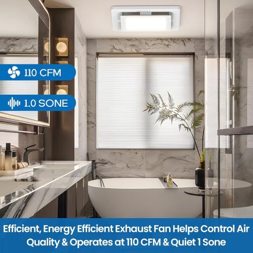 White Bathroom Exhaust Fan with Light - 110 CFM Ventilation, 1.0 Sones - Easy Installation, Energy Efficient, White Finish, Dimmable LED 3000K/4000K/5000K for Home Bath Office Hotel