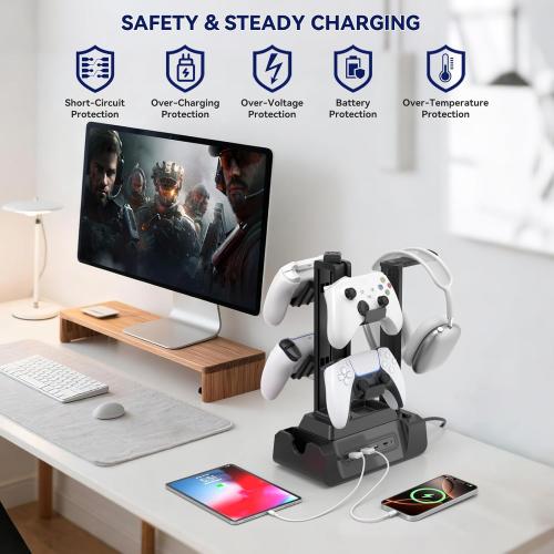 KDD Charging Station for Multiple Devices - 4 Ports Charging Dock with Controller and Headset Stand - 3 USB A & 1 USB C for Cellphone Tablet and Other Electronic - Multi Storage for Gaming Accessories
