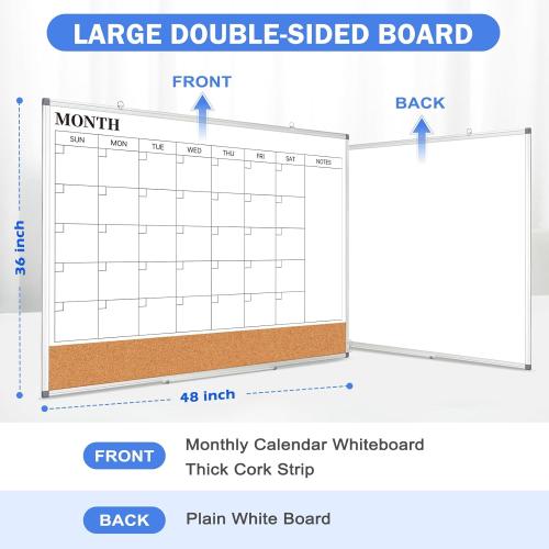 Large Monthly Dry Erase Calendar Whiteboard for Wall, 48 x 36 Double-Sided Big Calendar White Board Cork Board Combo, Aluminum Framed Month Planning Bulletin Board for Office, School, Home