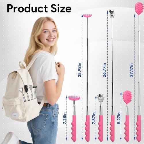 Gumry Versatile Back Scratcher - Portable Telescoping Extendable Back Massager Tool with Different Heads & Rubber Handles, Stocking Stuffers & Birthday Gifts for Women, Mom, Her, Men - Pink