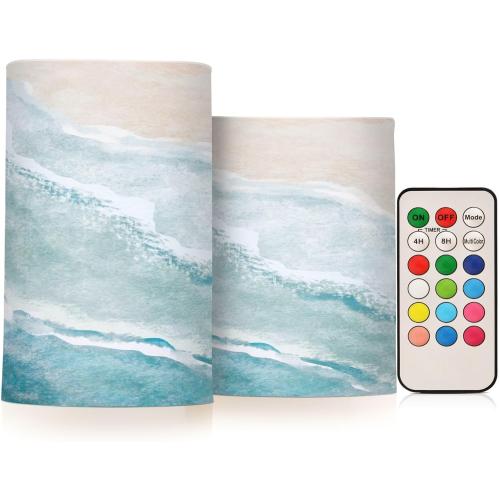 Flickering Flameless Candles, Bohemian Beach LED Candles with Remote Timer, Set of 2 Battery Operated Candle for Valentine Wedding Birthday