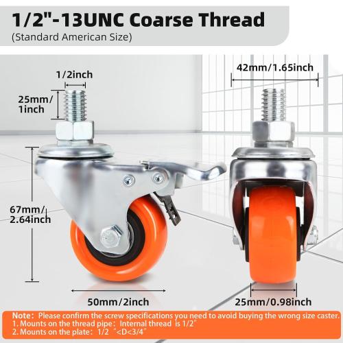 Set of 8 W B D WEIBIDA Stem Caster Wheels 2 Inch with Dual Locking, Heavy Duty Threaded Stem Casters UNC 1/2-13 x 1, No Noise Swivel Casters, Set of 8 Caster Wheels for Cart, Furniture