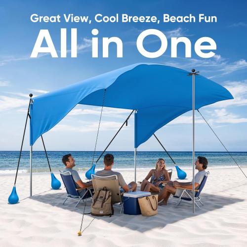 MoKo Beach Shade Canopy, 100 Sq.Ft. Wind-Supported Sunshade Sail for 4-6 People, Lightweight Easy Setup Beach Tent with UPF 50  Sun Protection for Family Travel Coastal Trips, Blue