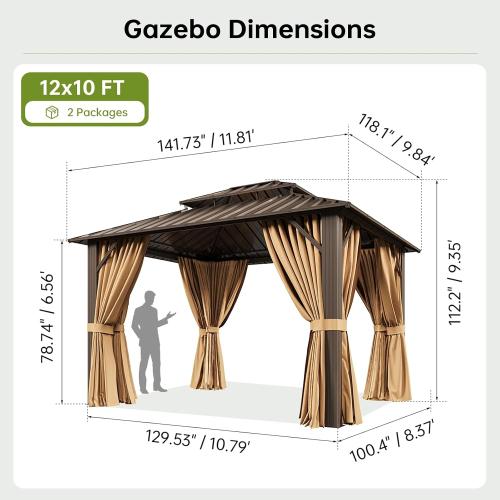 10x12FT Hardtop Gazebo Brown | Permanent Outdoor Pergola with Double Galvanized Steel Roof and Curtains and Netting for Backyard, Patio, Lawn and Garden