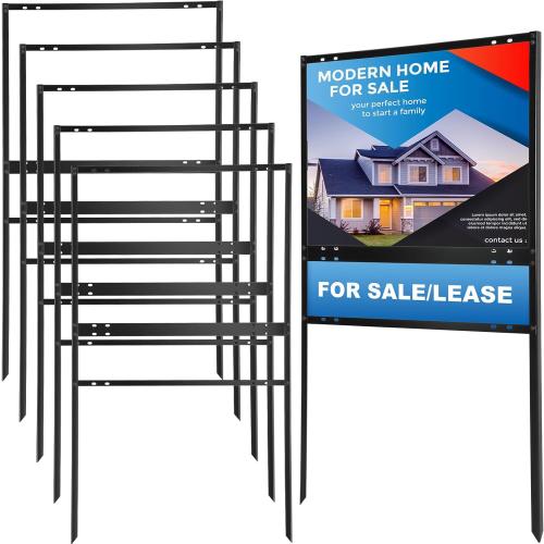 6 Pack Real Estate Yard Signs Metal H Frame with Rider Black Real Estate Sign Holder Steel H Frame Yard Stakes(18 x 24 Inch,1 Main, 1 Rider)