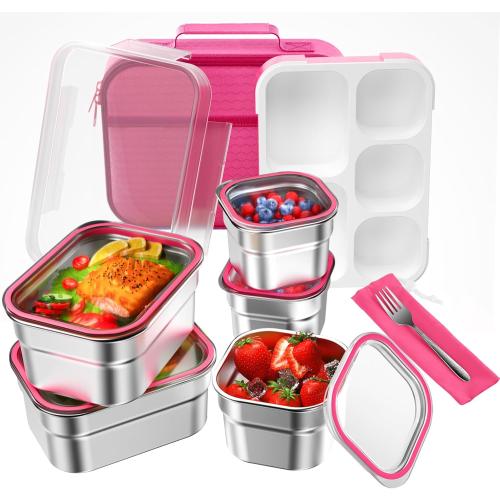 DaCool Stainless Steel Lunch Box Bento for Kids Adults Leakproof BPA-Free Metal Lunch Containers Tray 5-Compartment with Fork for Girls Food Snack Containers for School Outdoors, Pink
