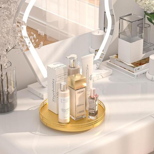 10 Gold Lazy Susan for Table Top, Oak Wood Lazy Susan Turntable Organizer for Dining Coffee Table Centerpiece Bar Decor Kitchen Countertop Bathroom Vanity Decorative Tray for Perfume Jewelry Round