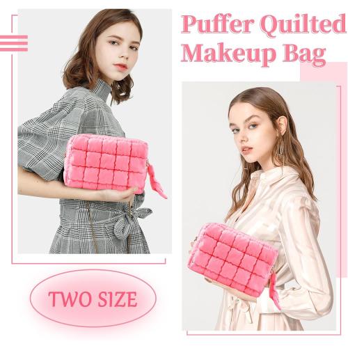 Puffer Quilted Makeup Bag Cosmetic Bags,Puffy Travel Toiletry Pouch for Women,Cute Checkered Zipper Bag Travel Essential,Portable Aesthetic Make up Organizer Bag for Gifts Work Daily(Pink,M)