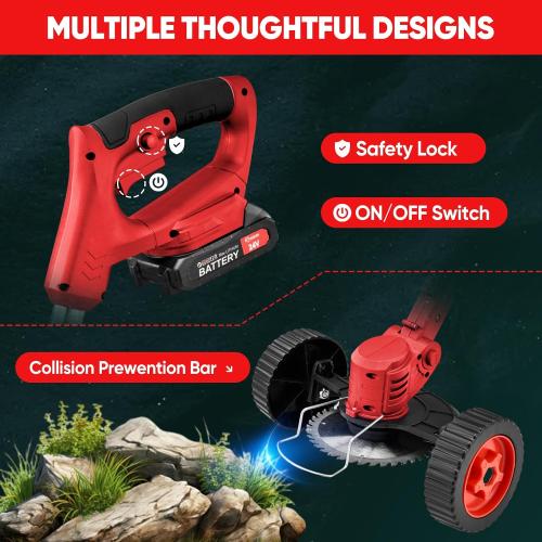 SakerPlus Wireless Weed Cutter, 24V Cordless Electric Grass Trimmer Weed Eater Wacker with 2 Batteries, 3-in-1 Lightweight Brush Cutter/Lawn Mower/Edger with Wheels for Lawn, Garden & Yard(Red)