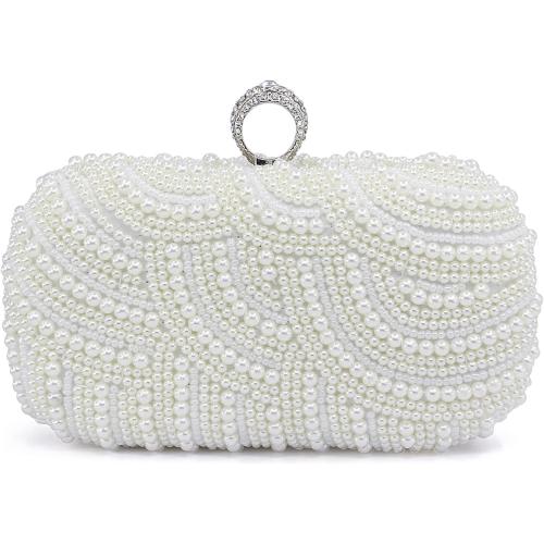 Aovtero Pearl Clutch Bag Bride Purse Women Wedding Prom Evening Bags Full Beaded Handbag with Chain