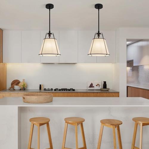 Modern Pendant Light Fixtures with 13 Off-White Linen Fabric Shade, Adjustable Hanging Light Fixture,Drum Black Vintage Chandelier for Kitchen Island Bedroom Dining Room Foyer Entryway