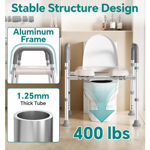 Grey, 13-18H x 24-28W Toilet Seat Risers for Seniors, Raised Toilet Seat with Handles, Adjustable Height & Width, Cozy Padded 400lb Elevated Toilet Seat, Fit Any Toilet