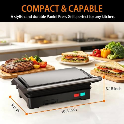 Panini Press Grill, Sandwich Maker with Non-Stick Coated Plates & Removable Drip Tray, 3-in-1 Electric Sandwich Press Opens 180° Flat, Stainless Steel Exterior with Overheat Protection,1000W, Black