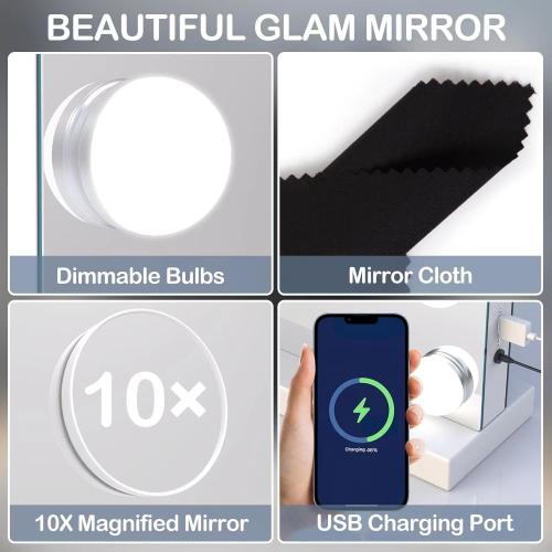 Vanity Mirror with Lights Lighted Makeup Mirror with 15 Dimmable LED Bulbs,3 Color Lighting Modes,USB Charging Port Touch Control,Sturdy Metal Frame Design 24x18 Inch,White