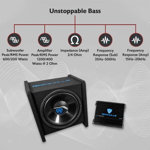 Rockville RV12.1C 600W 12 Loaded Car Subwoofer Enclosure with 1200W Mono Amplifier and Amp Kit, CEA-2006 Compliant, Ported Design, for Car Audio Systems