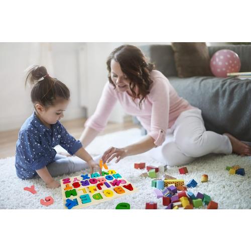 Attmu Alphabet Puzzles Wooden Puzzles for Toddlers Toy, Shape ABC Puzzle Alphabet Learning Toys Preschool Educational Toys Gift for Girls Boys