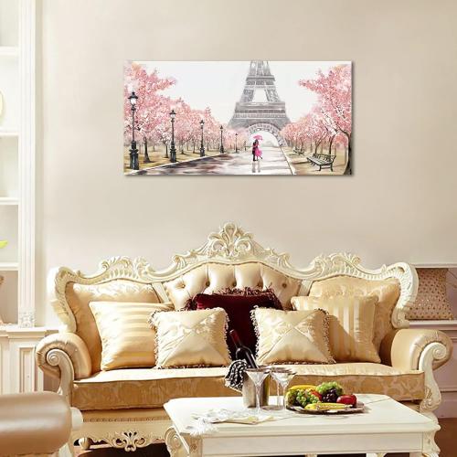 Eiffel Tower Canvas Wall Art - Romantic Paris Street Scene with Cherry Blossoms & Couple, Pink 20x40 Inch, Ready to Hang Framed Print for Living Room Bedroom Decor (Gallery Wrapped)