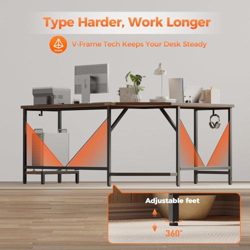 Mericonia 59 inch Large L Shaped Desk, Simple Corner Gaming Desk with CPU Stand & Hooks, Computer Desk for Home, Bedroom & Office Workspace, Rustic Brown