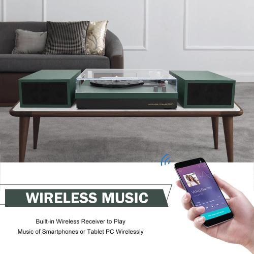 LP&No.1 Record Player with Stereo Bookshelf Speakers, Vintage 3-Speed Belt Drive Turntable, Wireless Input, RCA Output, Auto Stop Function | Dark Green