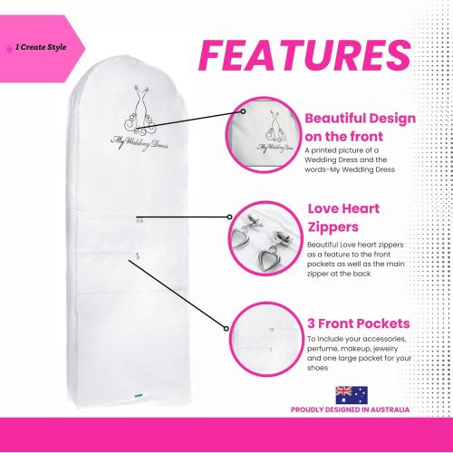 White Garment Bag for Wedding Dress-Bridal Cover for Your Long Evening Gown Perfect for Storage & Travel Easy Access Zipper & Gusset 3 Pockets for Accessories including Shoe Bag