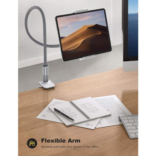 Lamicall Gooseneck Tablet Holder, Tablet Stand : Flexible Arm Clip Tablet Mount Compatible with iPad mini Pro Air, Kindle, Switch, Galaxy Tabs, More 4.7-10.5 Devices - Gray