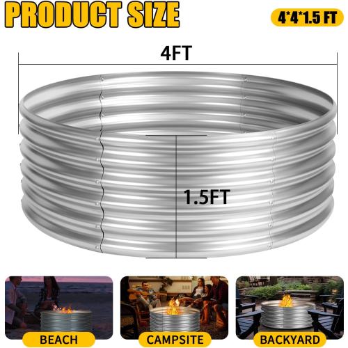 48 inch Fire Pit Ring, 4FT Galvanized Fire Ring, Wood Burning Fire Pits Ring, Outdoor Fireplace Height 18 Inch, Round Camp Fire Ring, Bonfire Pit for Camping, Backyard (4x4x1.5FT)