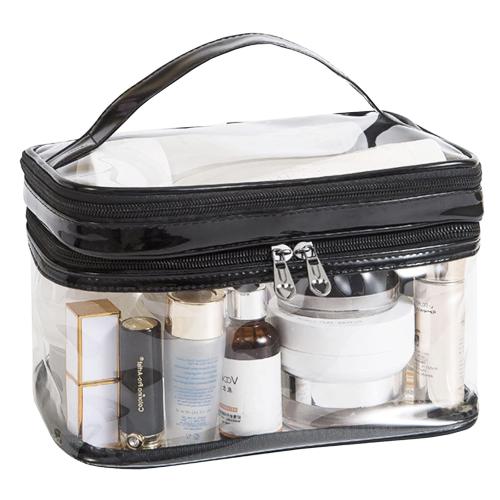 Clear Cosmetic Bag Dual Layer Travel Toiletry Bags Make up Organizer Waterproof Brushes Holder Black