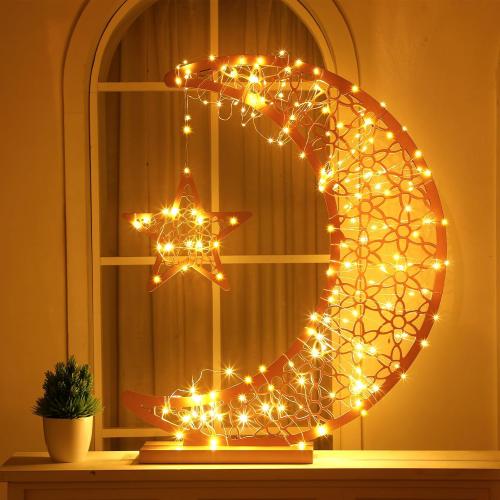 Tujoe Ramadan Crescent Moon Wooden Moon Decorations Lights for Home Eid Mubarak Star Crescent Eid Crafts Light Stand Mubarak Table Centerpiece with Star Ornament for Home Islamic Gift(20 x 17 Inch)