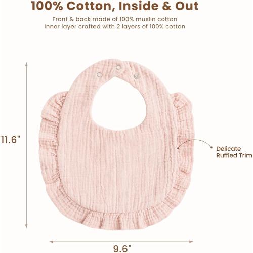 Konssy Muslin Baby Bibs for Girls – Soft 100% Cotton Drool Bibs, Ruffle Trim for Newborns & Toddlers 0-36 Months 3-Pack