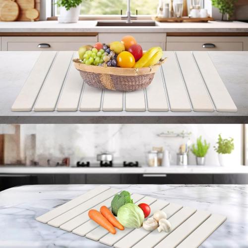 Stone Dish Drying Mat for Kitchen Counter – 24 x 16 Foldable Diatomaceous Earth Mat, Quick Dry & Ultra Absorbent, Non-Slip Drying Pad for Dishes, Bottles, Cups – White Minimalist Design