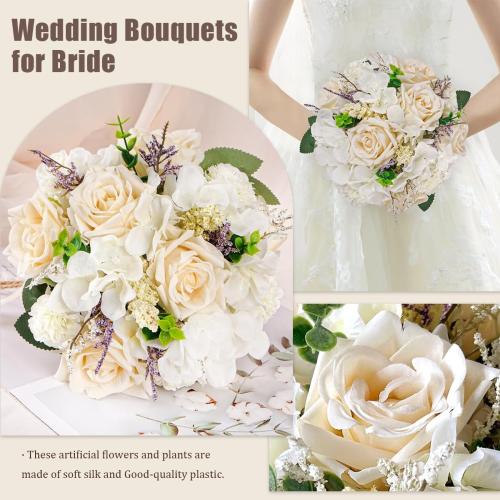 Wedding Bouquets for Bride Bridesmaid,Large Big Bridal Bouquet White Champagne Ivory Artificial Fake Silk Roses Flowers for Wedding French Vintage Boho Rustic Church Decoration Toss Bouquet (9.5in(L))